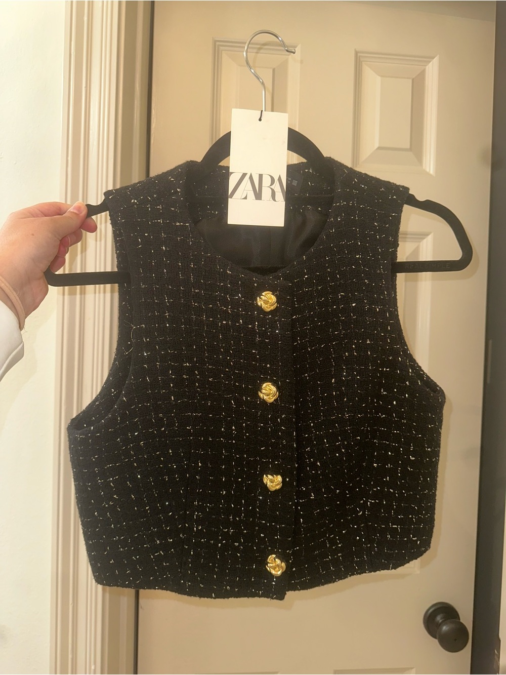 ZARA Black Tweed Cropped Vest with Gold Rose Buttons